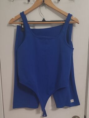 The Giving Movement Royal Blue Tank Bodysuit with Snap Closure And Biker Shorts